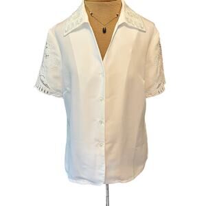 90s white cut out lace short sleeve womens blouse size 10, romantic summer